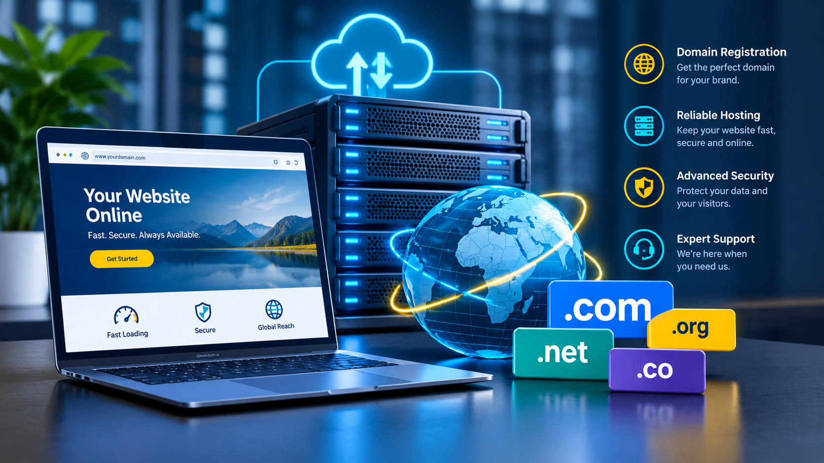 Website hosting servers, a laptop and domain registration concepts