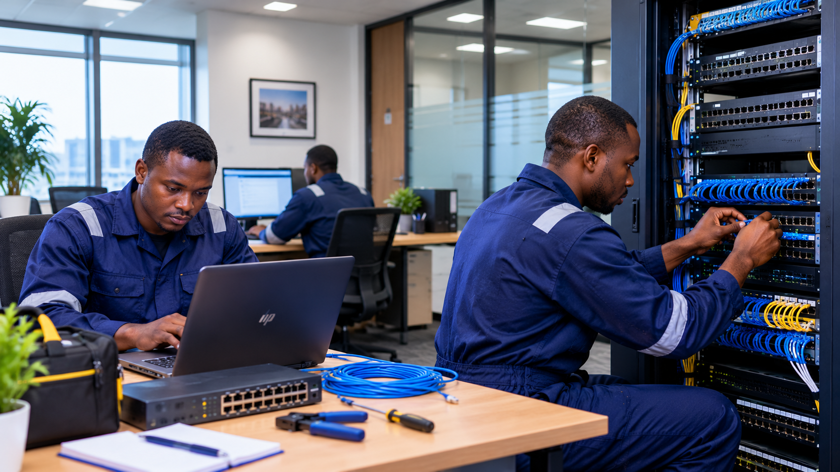 African IT technicians working on network infrastructure and connected equipment in an office