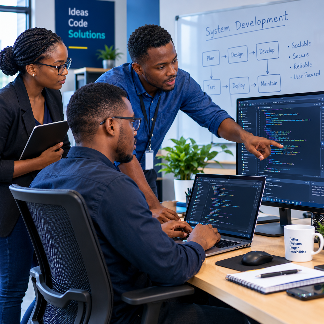 African software development team collaborating on code and system design