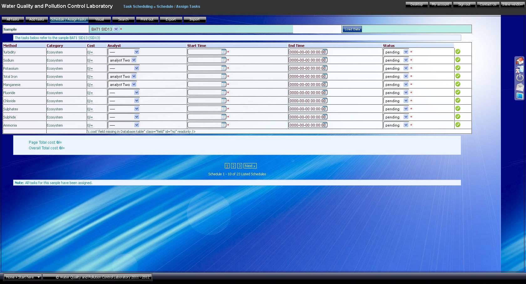 Lab Work Hub laboratory software showing sample task scheduling and analyst assignments